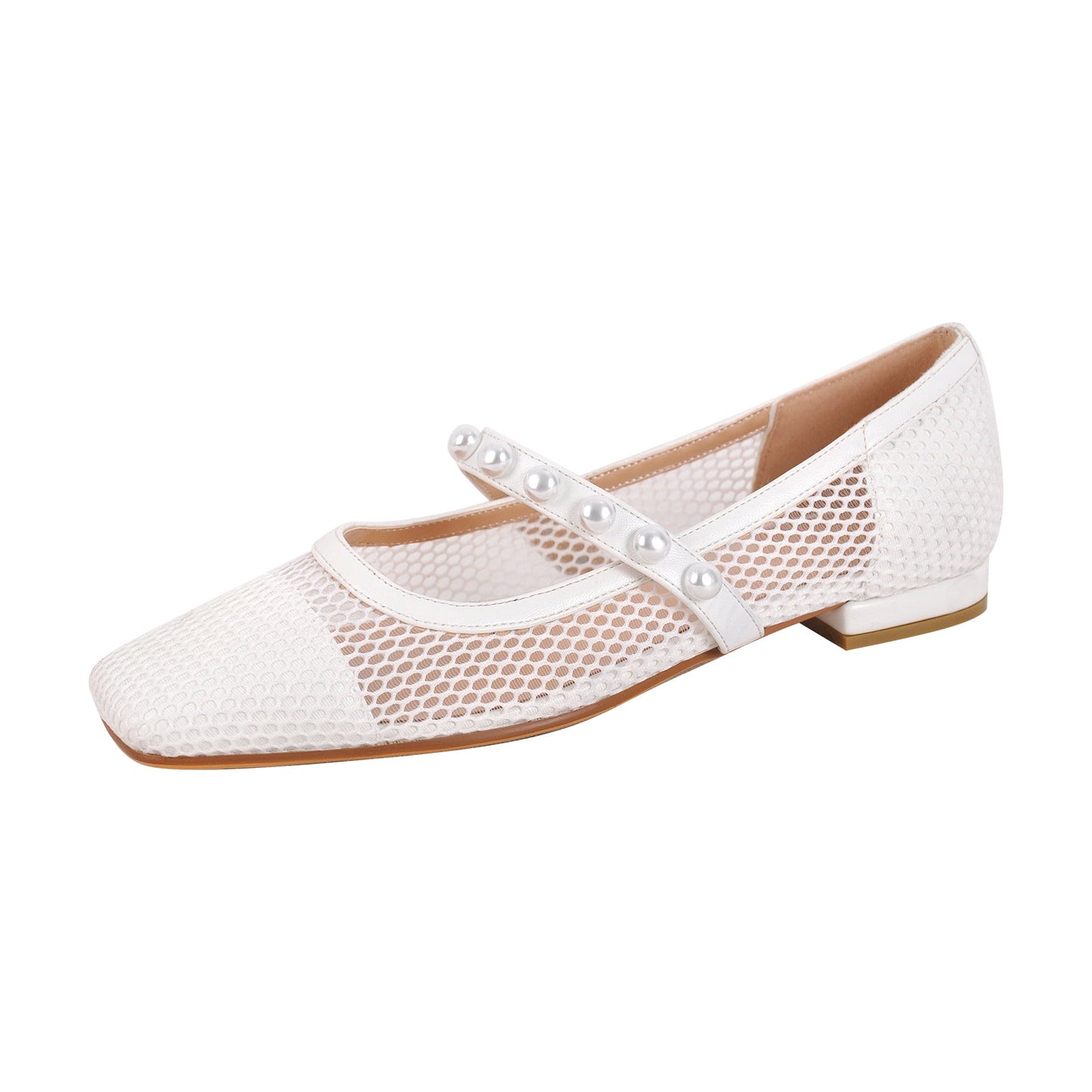 Square Toe Pearl Belt Mesh Crossdressing Flats