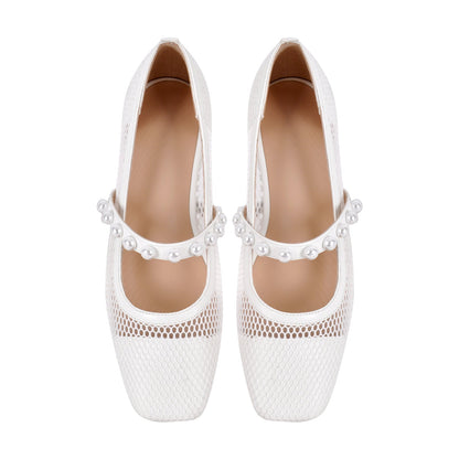 Square Toe Pearl Belt Mesh Crossdressing Flats