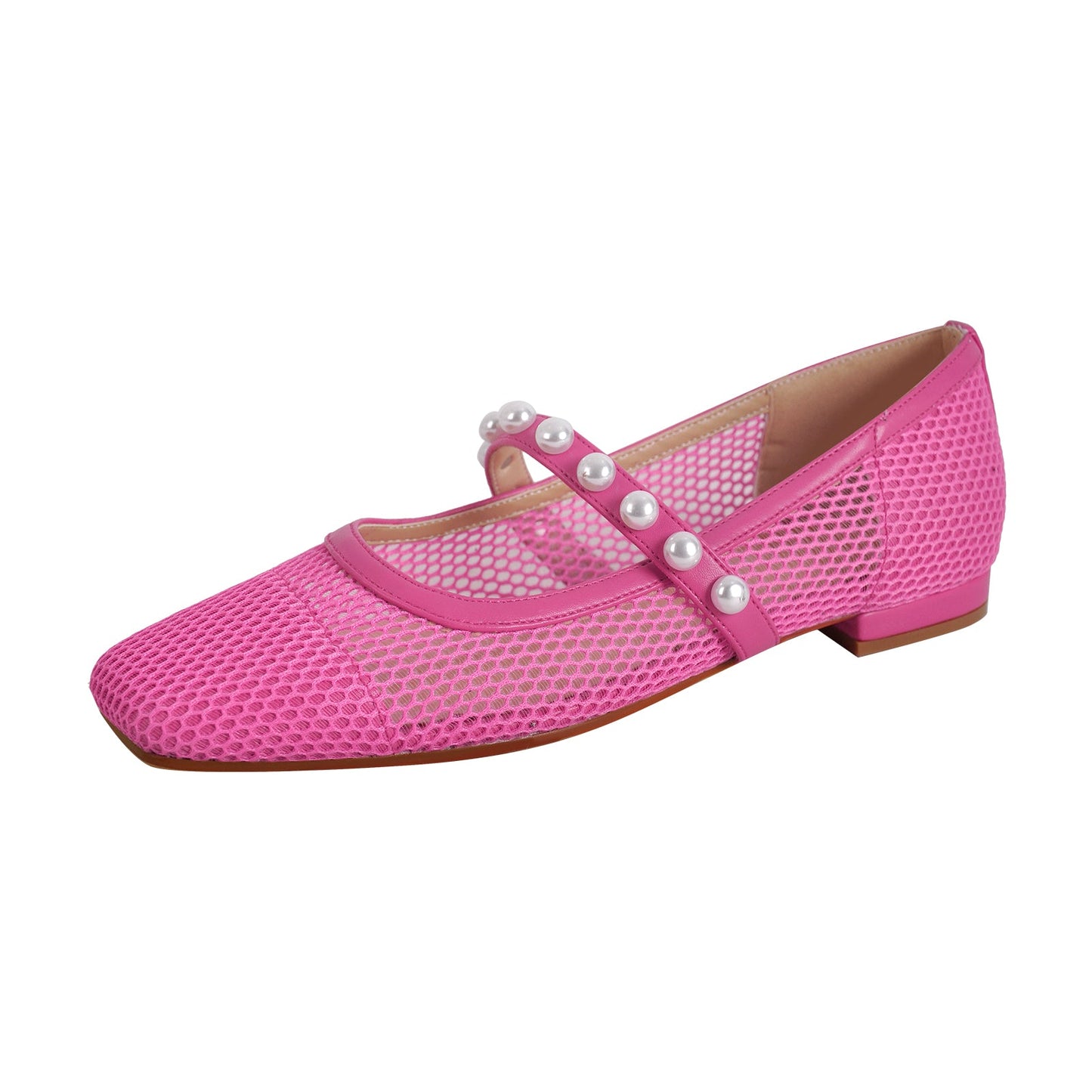 Square Toe Pearl Belt Mesh Crossdressing Flats