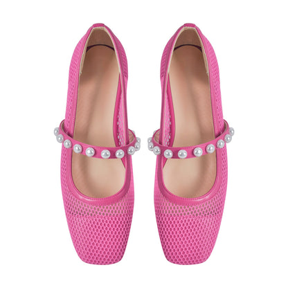 Square Toe Pearl Belt Mesh Crossdressing Flats