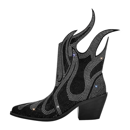 Flame Shape Rhinestone Pointed Toe Crossdressing Ankle Boots