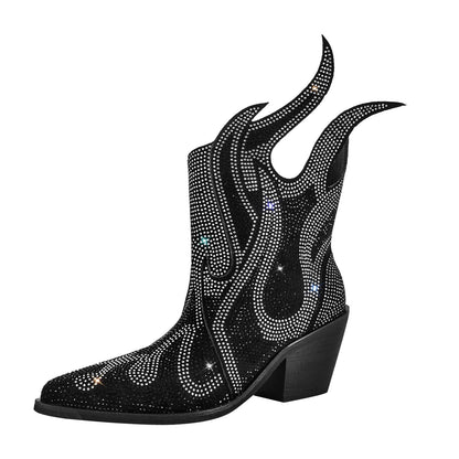 Flame Shape Rhinestone Pointed Toe Crossdressing Ankle Boots