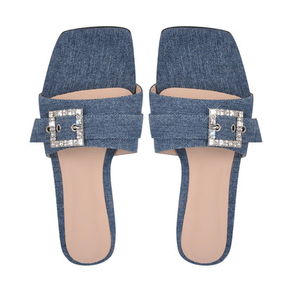 Denim Square Toe Buckle Strap Crossdressing Flats