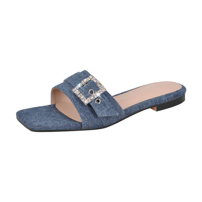 Denim Square Toe Buckle Strap Crossdressing Flats