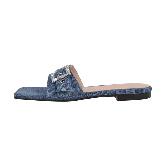 Denim Square Toe Buckle Strap Crossdressing Flats