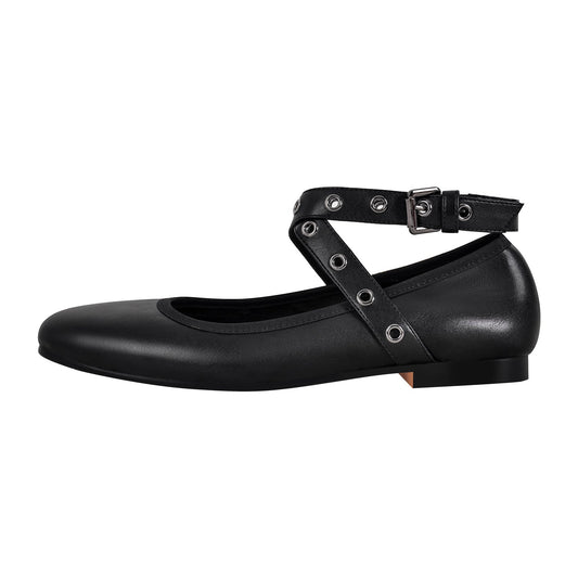 Round Toe Buckle Strap Crossdressing Flats