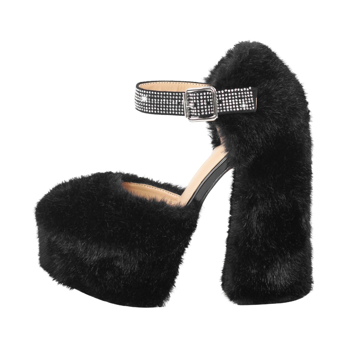 Chunky Heel Ankle Strap Fur Mary Jane Crossdressing Pumps
