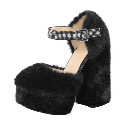 Chunky Heel Ankle Strap Fur Mary Jane Crossdressing Pumps