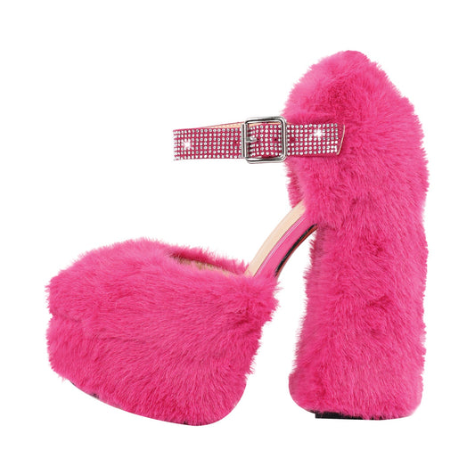 Chunky Heel Ankle Strap Fur Mary Jane Crossdressing Pumps