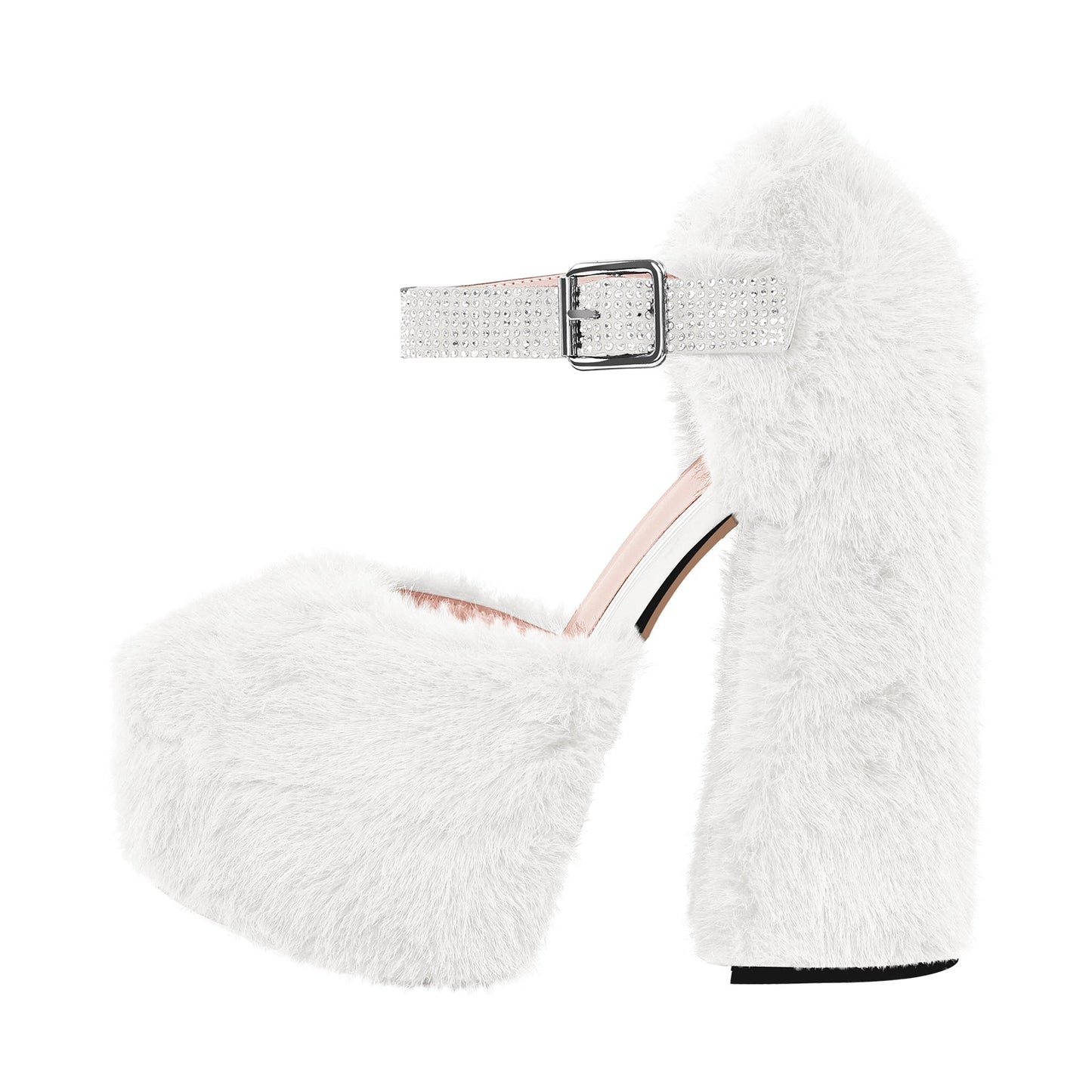 Chunky Heel Ankle Strap Fur Mary Jane Crossdressing Pumps