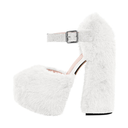 Chunky Heel Ankle Strap Fur Mary Jane Crossdressing Pumps