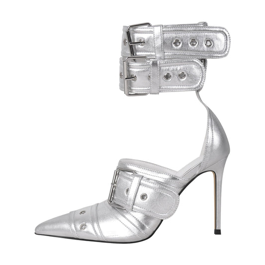 Double Buckle Strap Pointed Toe Stiletto Crossdressing Pumps
