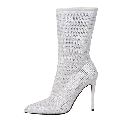 Rhinestone Pointed Toe High Heel Crossdressing Ankle Boots