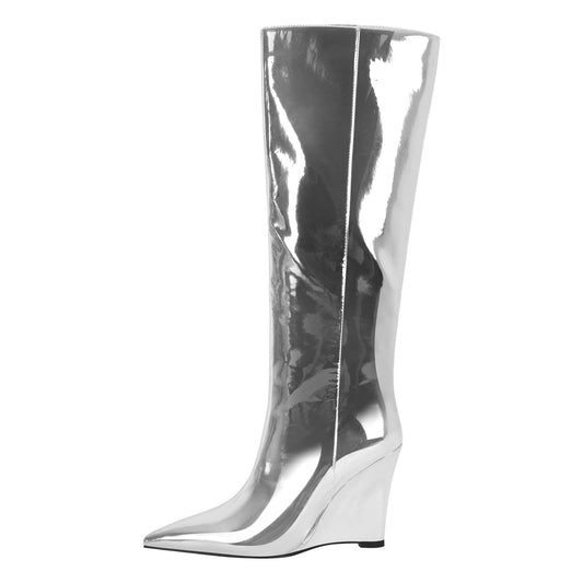 Pointed Toe Metallic Wedge Heel Crossdressing Knee High Boots