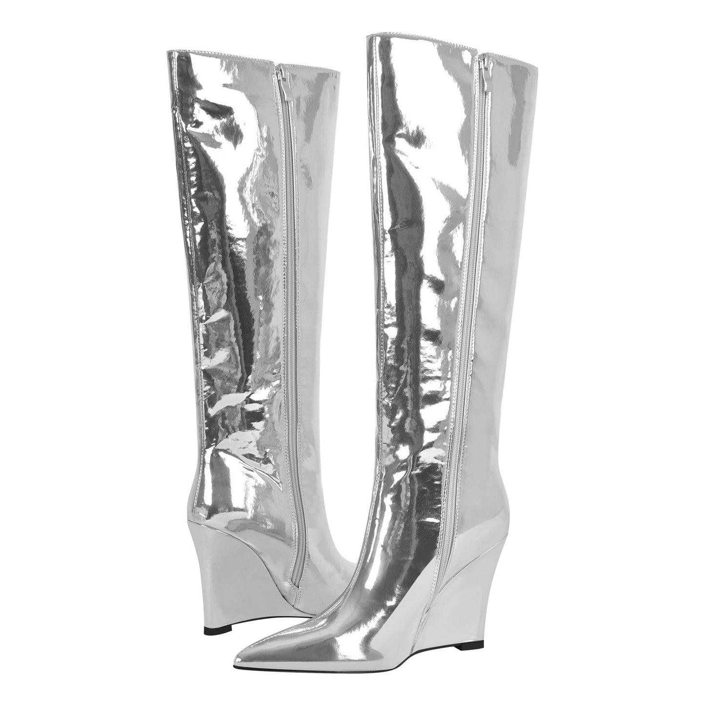 Pointed Toe Metallic Wedge Heel Crossdressing Knee High Boots