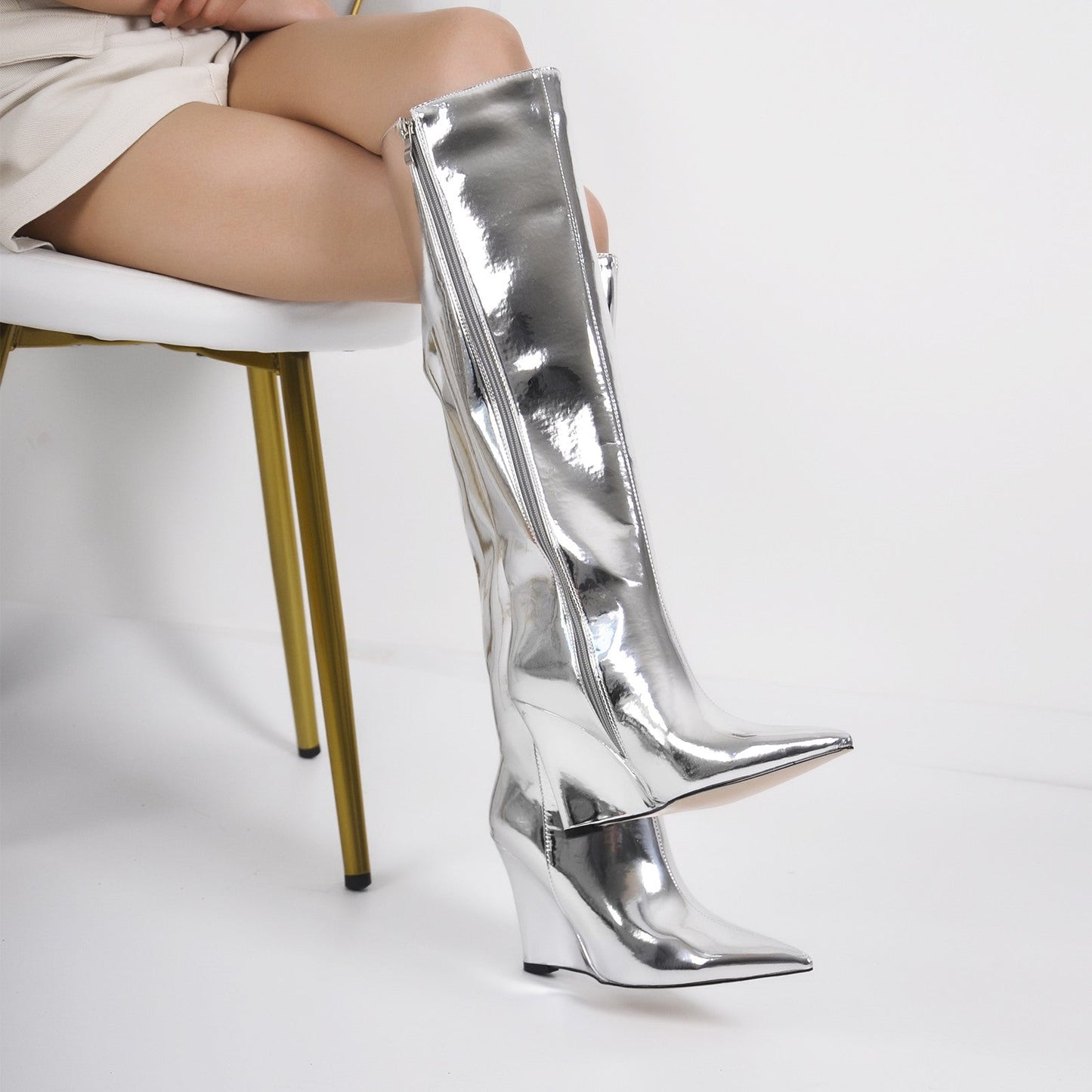 Pointed Toe Metallic Wedge Heel Crossdressing Knee High Boots