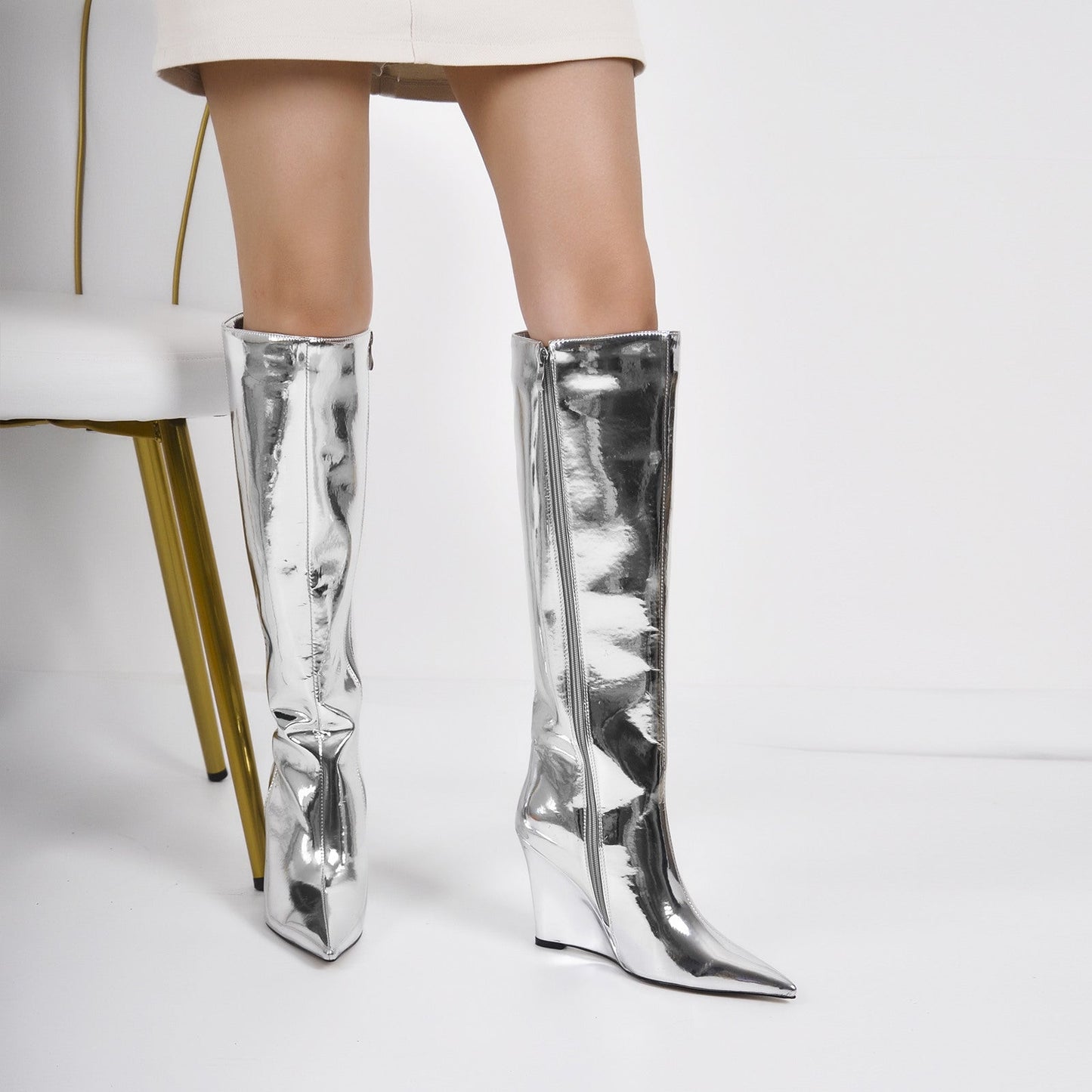 Pointed Toe Metallic Wedge Heel Crossdressing Knee High Boots