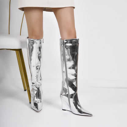 Pointed Toe Metallic Wedge Heel Crossdressing Knee High Boots