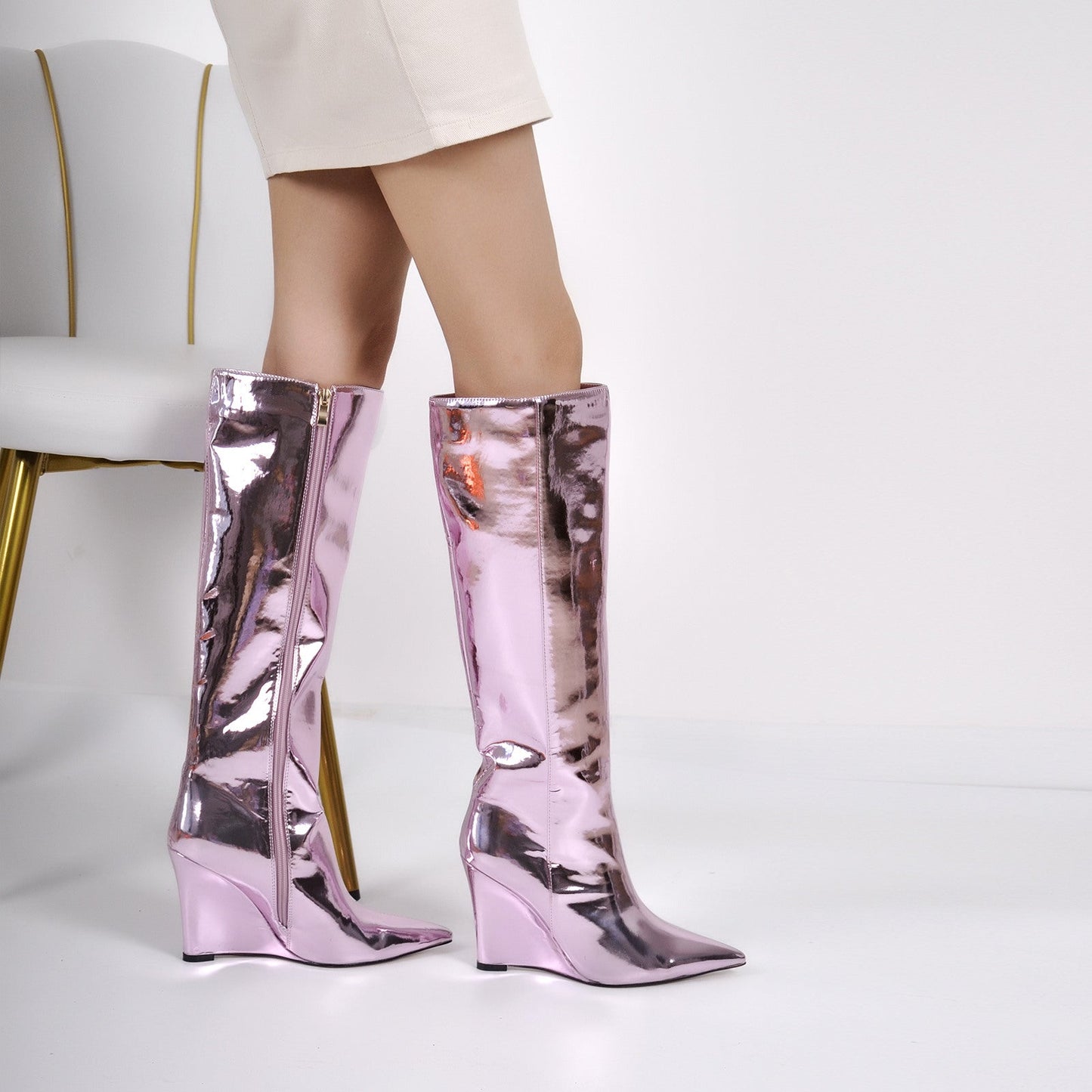 Pointed Toe Metallic Wedge Heel Crossdressing Knee High Boots