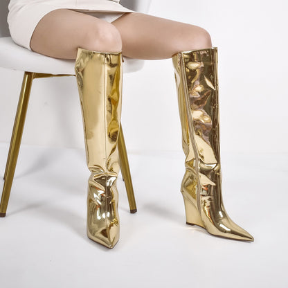 Pointed Toe Metallic Wedge Heel Crossdressing Knee High Boots