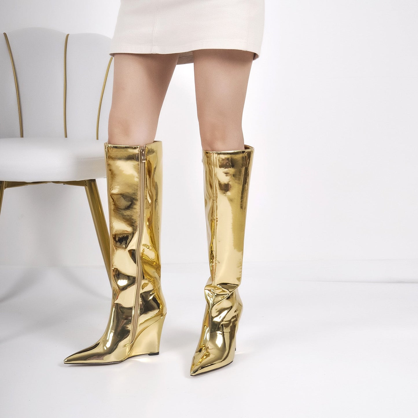 Pointed Toe Metallic Wedge Heel Crossdressing Knee High Boots