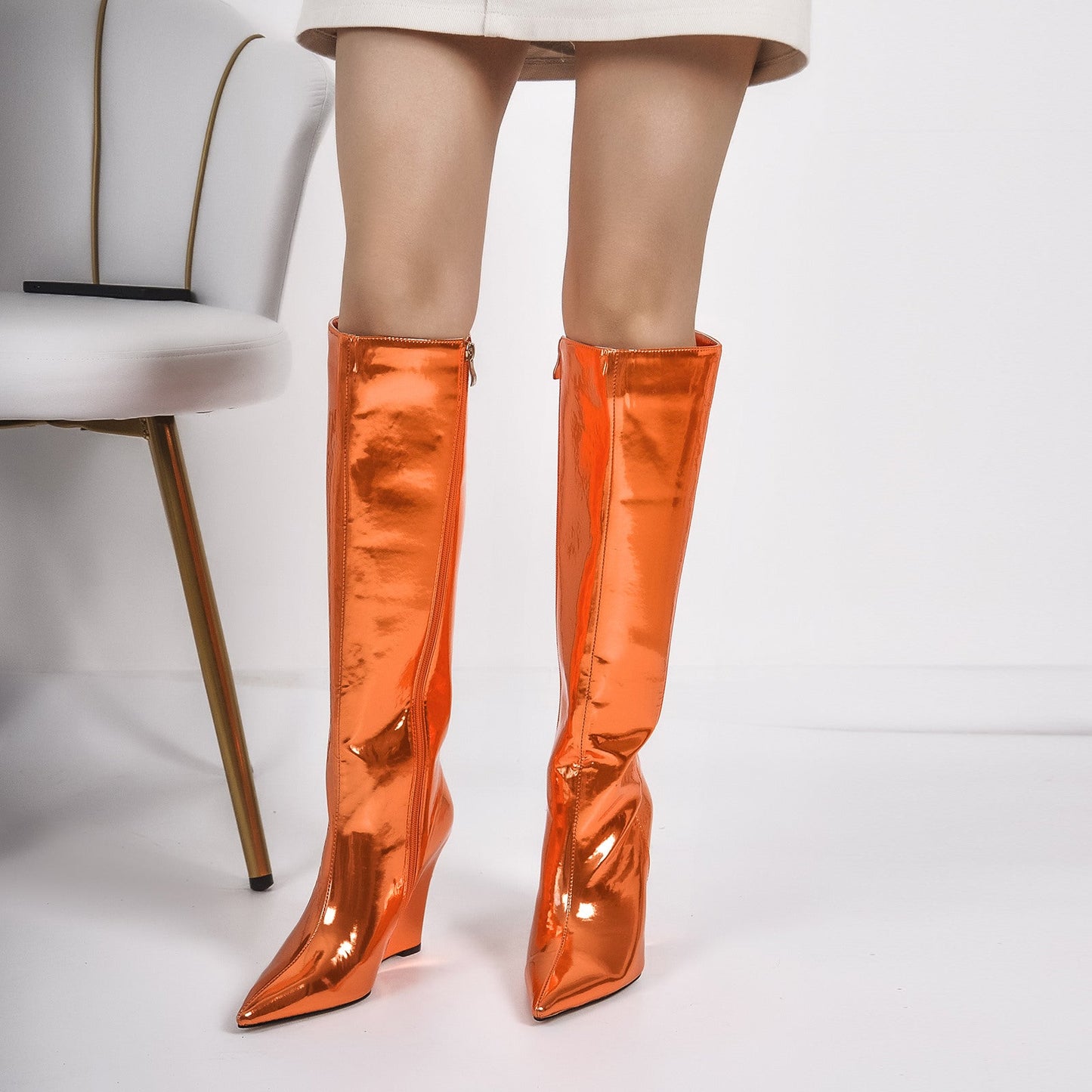 Pointed Toe Metallic Wedge Heel Crossdressing Knee High Boots