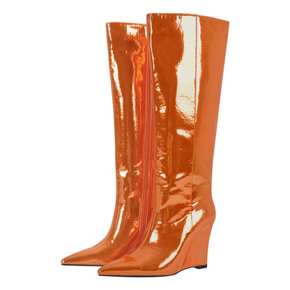Pointed Toe Metallic Wedge Heel Crossdressing Knee High Boots