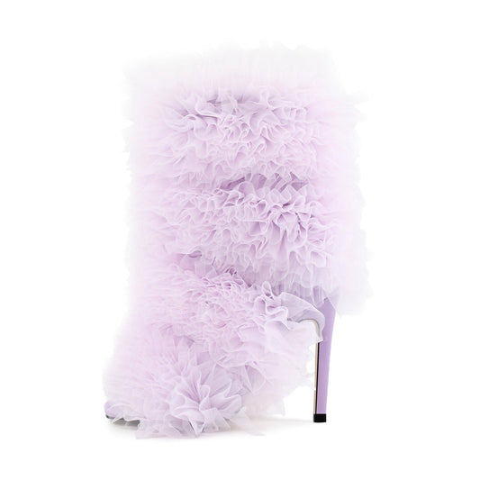 Purple Ruffled Lace Open Toe Stiletto Crossdressing Ankle Boots