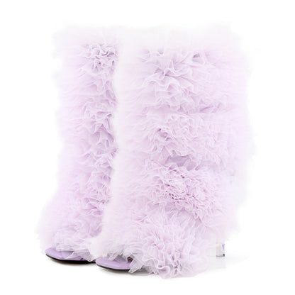 Purple Ruffled Lace Open Toe Stiletto Crossdressing Ankle Boots