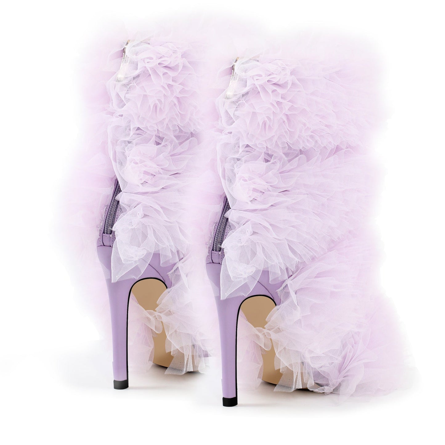Purple Ruffled Lace Open Toe Stiletto Crossdressing Ankle Boots