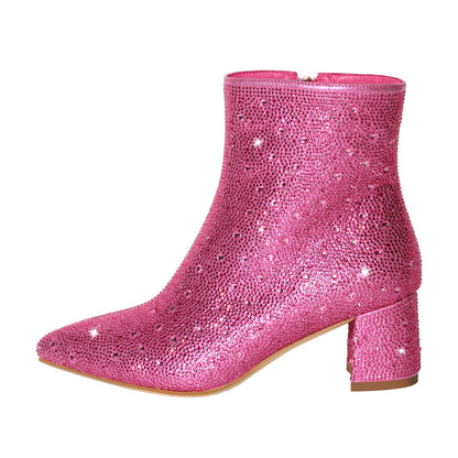 Rhinestone Pointed Toe Chunky Heel Crossdressing Ankle Boots