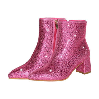Rhinestone Pointed Toe Chunky Heel Crossdressing Ankle Boots