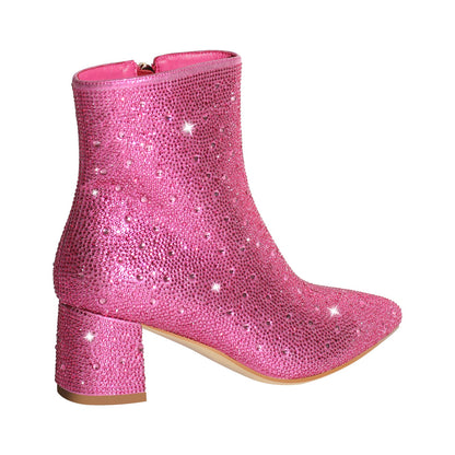 Rhinestone Pointed Toe Chunky Heel Crossdressing Ankle Boots