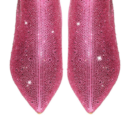 Rhinestone Pointed Toe Chunky Heel Crossdressing Ankle Boots