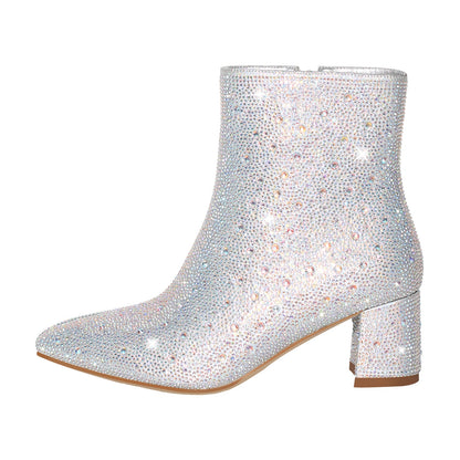 Rhinestone Pointed Toe Chunky Heel Crossdressing Ankle Boots