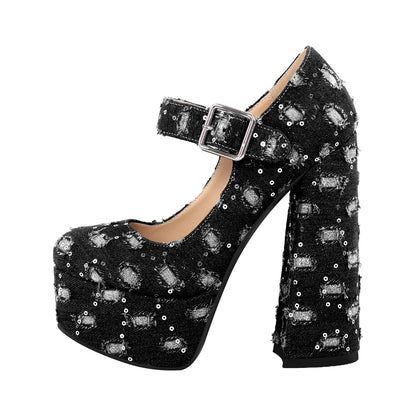 Denim Round Toe Platform Chunky Heels Crossdressing Pumps