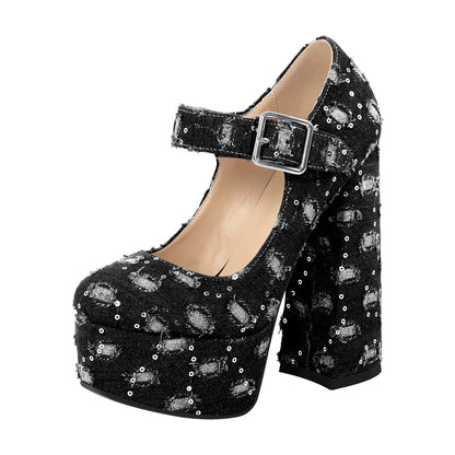 Denim Round Toe Platform Chunky Heels Crossdressing Pumps