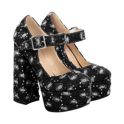 Denim Round Toe Platform Chunky Heels Crossdressing Pumps