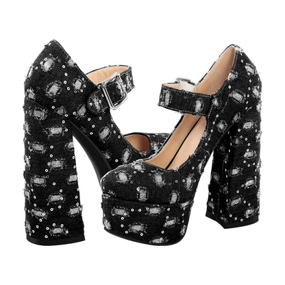 Denim Round Toe Platform Chunky Heels Crossdressing Pumps