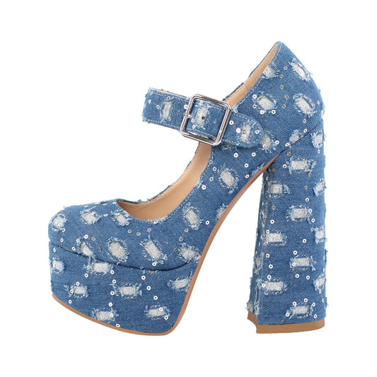 Denim Round Toe Platform Chunky Heels Crossdressing Pumps