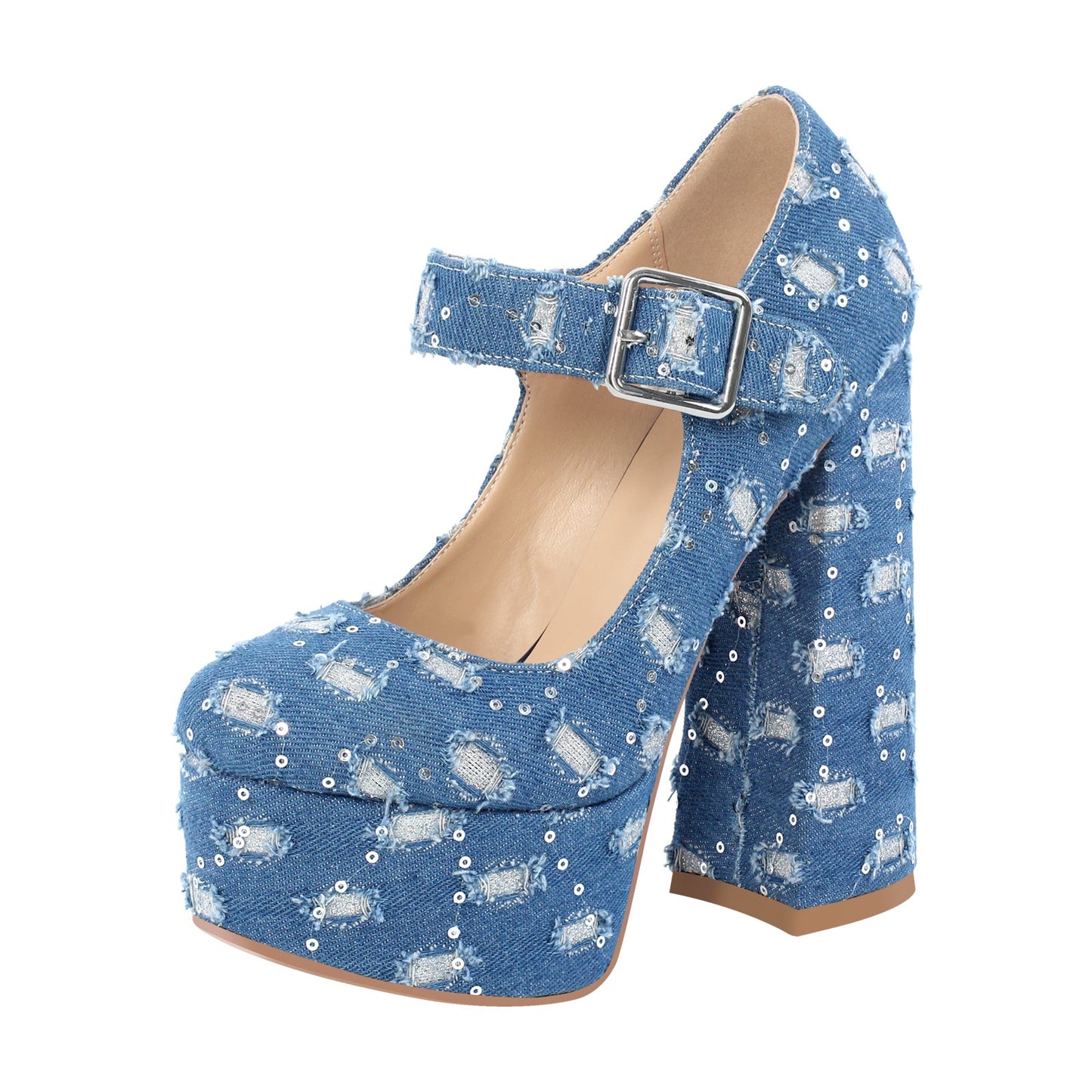 Denim Round Toe Platform Chunky Heels Crossdressing Pumps