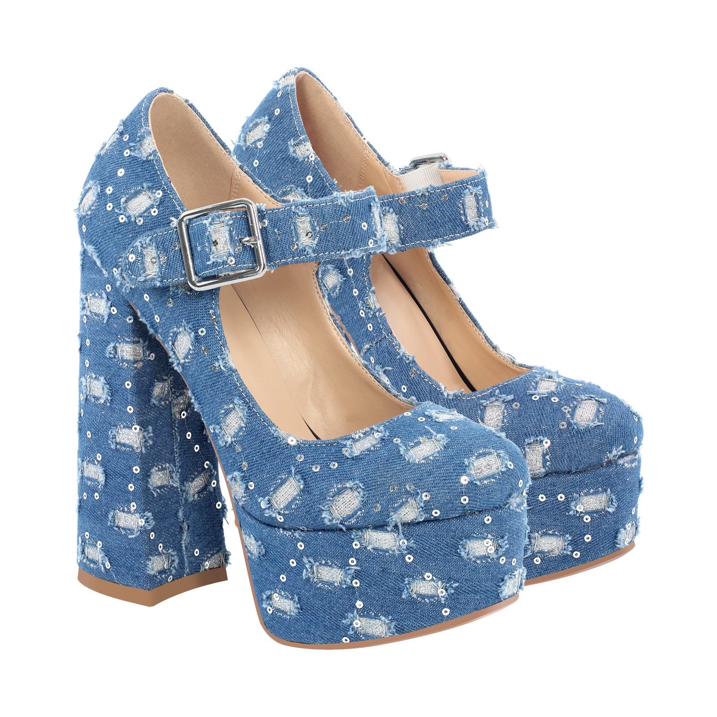 Denim Round Toe Platform Chunky Heels Crossdressing Pumps