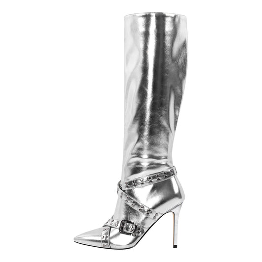 Straps Knee High Metallic Color Crossdressing Boots