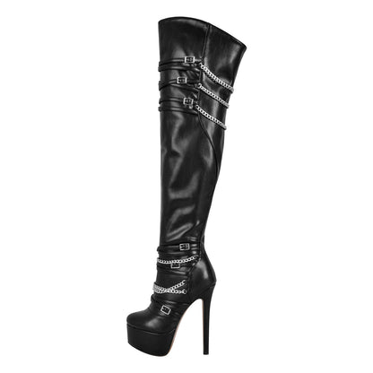 Chain Round Toe Platform Stilettos Over The Knee Crossdressing Boots