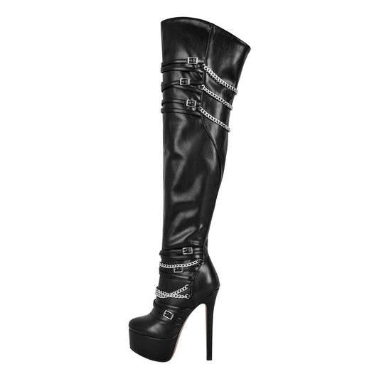 Chain Round Toe Platform Stilettos Over The Knee Crossdressing Boots