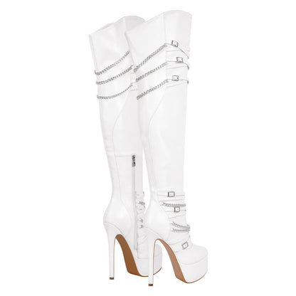 Chain Round Toe Platform Stilettos Over The Knee Crossdressing Boots