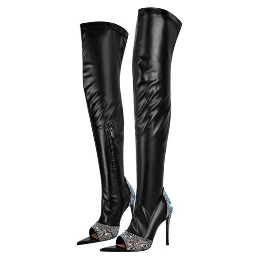 Rhinestone Pointed Toe High Stiletto Over The Knee Crossdressing Boots