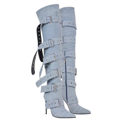 Multi Buckle Strap Thigh High Pointed Toe Stiletto Crossdressing Boots