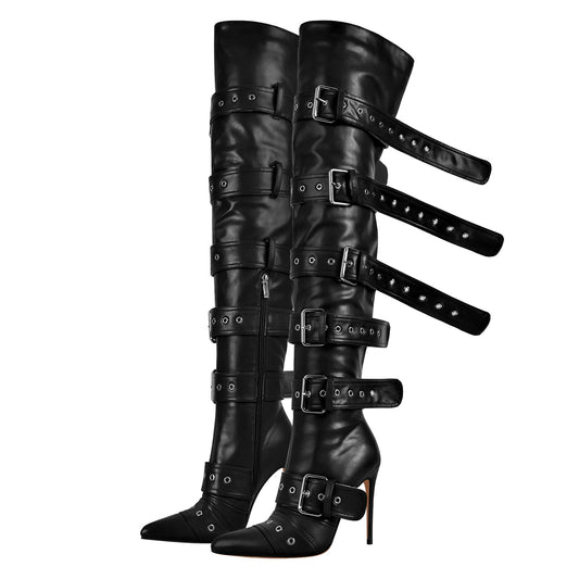 Multi Buckle Strap Thigh High Pointed Toe Stiletto Crossdressing Boots