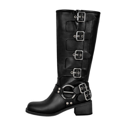 Round Toe Chunky Heel Buckle Strap Western Knee-High Crossdressing Boots